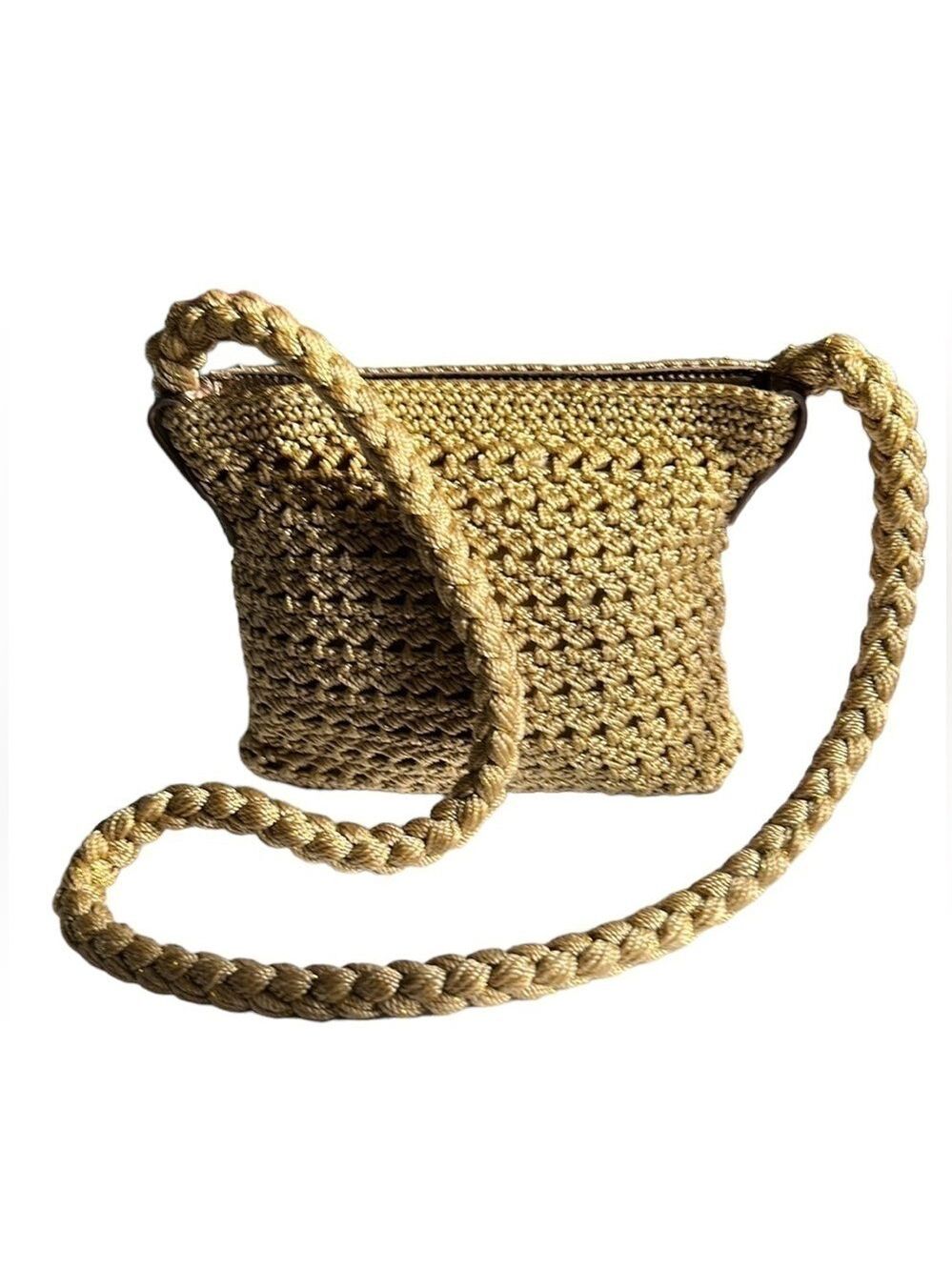 Luxy Metallic Hand Crocheted Shoulder Bag with Metallic Trim and Braided Strap